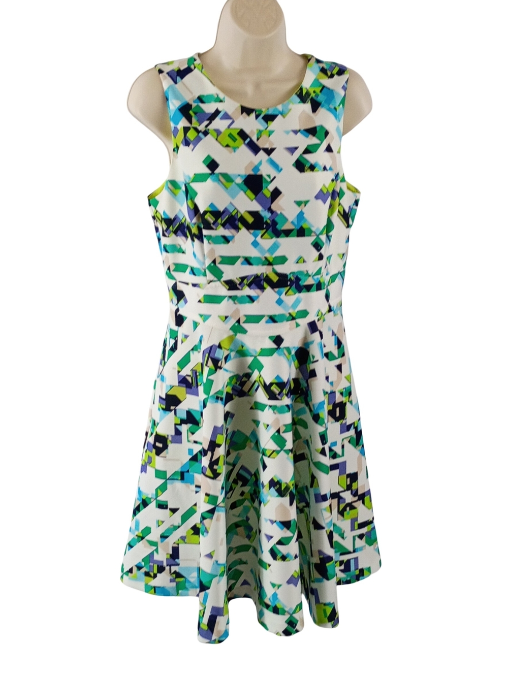 Vince Camuto White Geo-Print Sleeveless Midi Dress with Blue & Green Accents